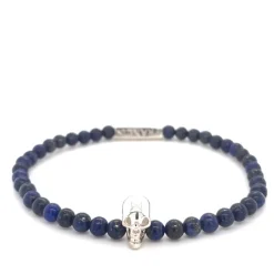Lapis Lazuli Bead Stretch Bracelet with Silver Skull