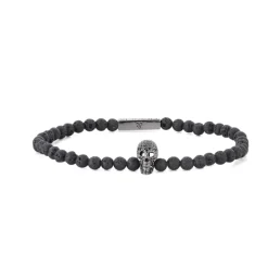 Lava Bead Stretch Bracelet With Black Spinel Skull