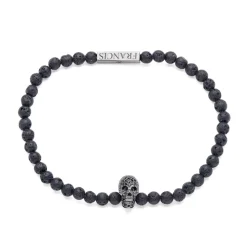 Lava Bead Stretch Bracelet With Black Spinel Skull