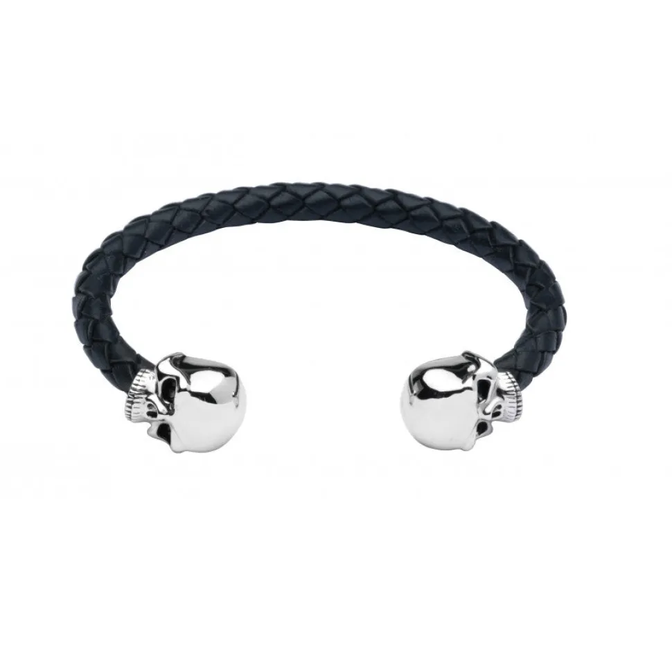 Leather Bangle with Sterling Silver Skull Head Ends