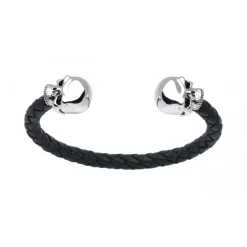Leather Bangle with Sterling Silver Skull Head Ends