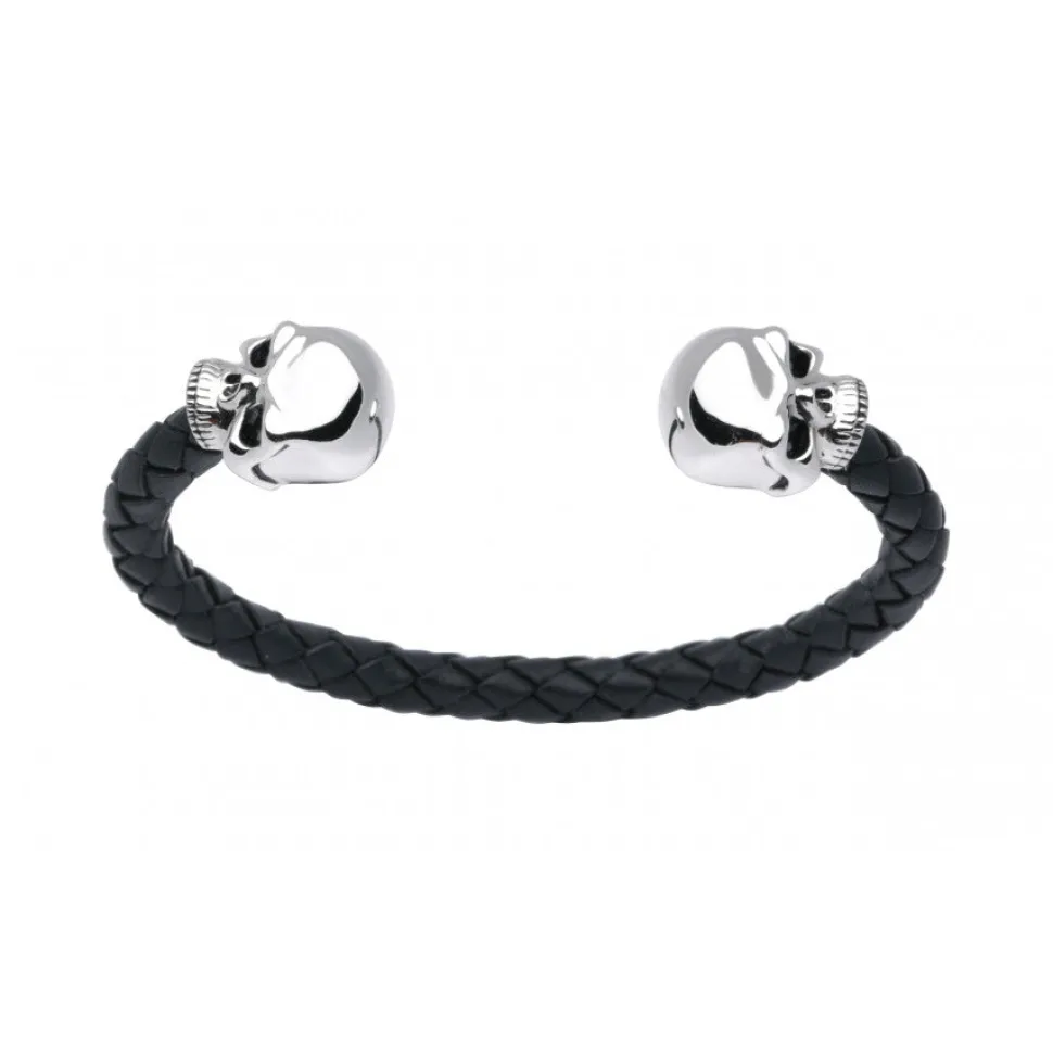 Leather Bangle with Sterling Silver Skull Head Ends