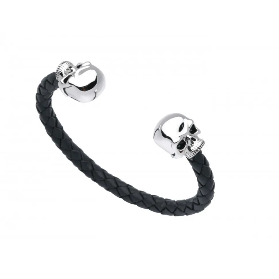 Leather Bangle with Sterling Silver Skull Head Ends