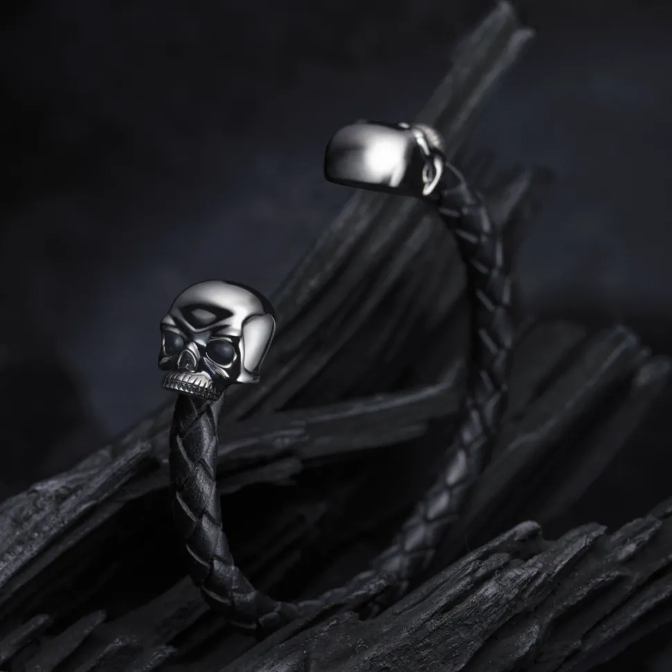 Leather Bangle with Sterling Silver Skull Head Ends