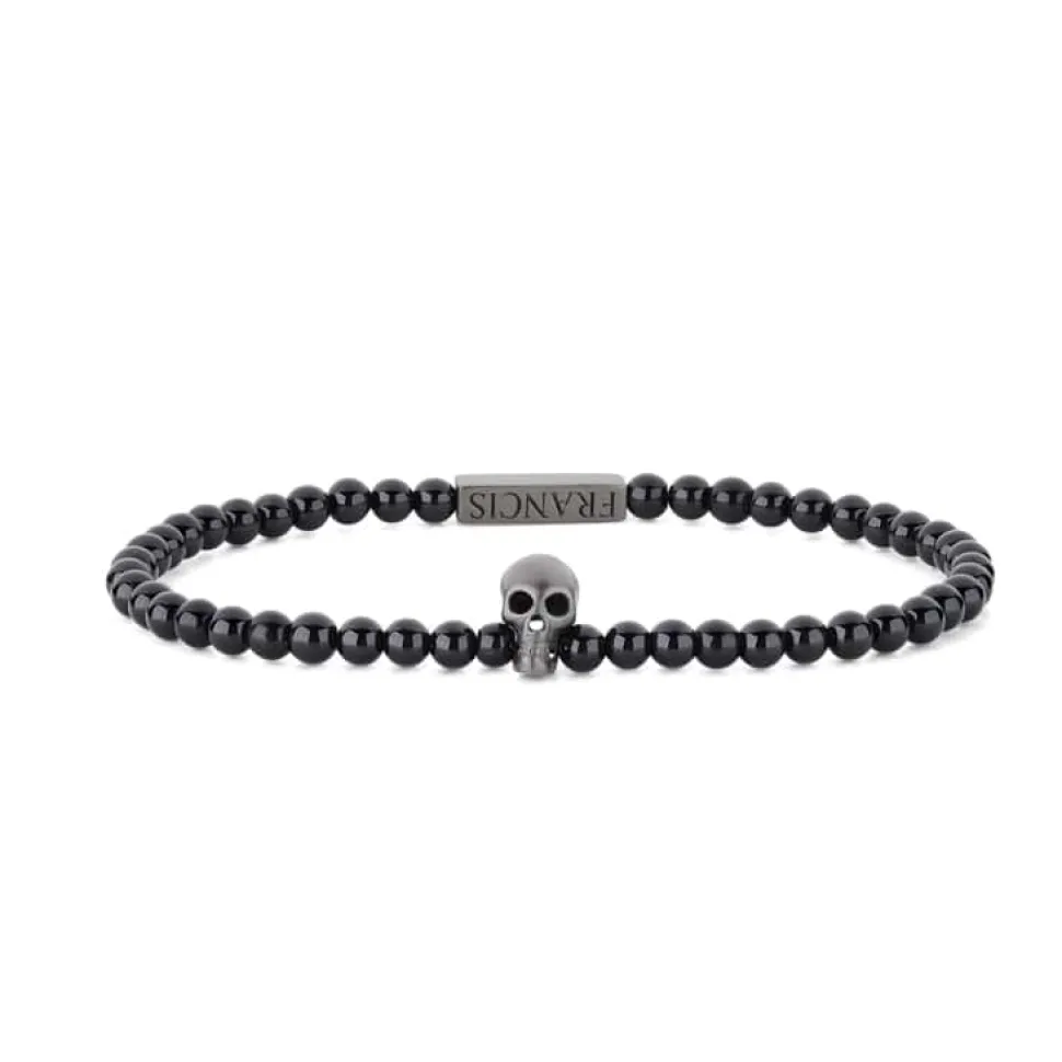 Onyx Bead Stretch Bracelet With Black Skull