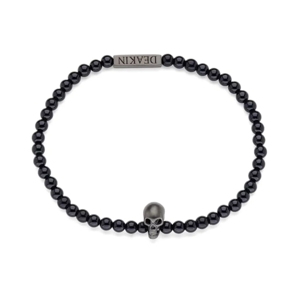 Onyx Bead Stretch Bracelet With Black Skull