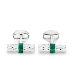Sterling Silver Bar Cufflinks with Green Enamel Centre
