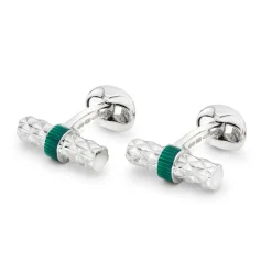 Sterling Silver Bar Cufflinks with Green Enamel Centre