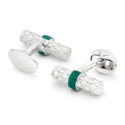 Sterling Silver Bar Cufflinks with Green Enamel Centre
