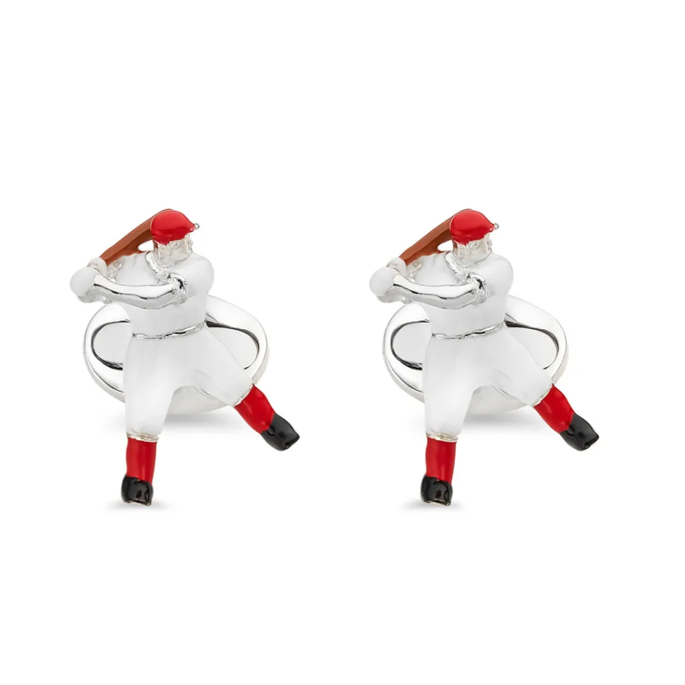 Sterling Silver Baseball Player Cufflinks - Red