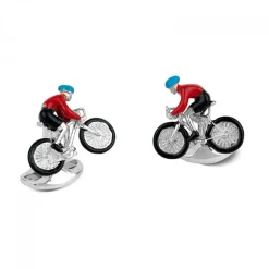 Sterling Silver Bike and Rider Cufflinks with Blue and Red Enamel Deta