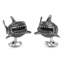 Sterling Silver Black Spinel Shark Cufflinks