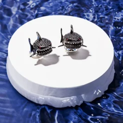Sterling Silver Black Spinel Shark Cufflinks
