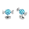 Sterling Silver Blue & White Striped Round Sweet Cufflinks
