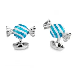 Sterling Silver Blue & White Striped Round Sweet Cufflinks