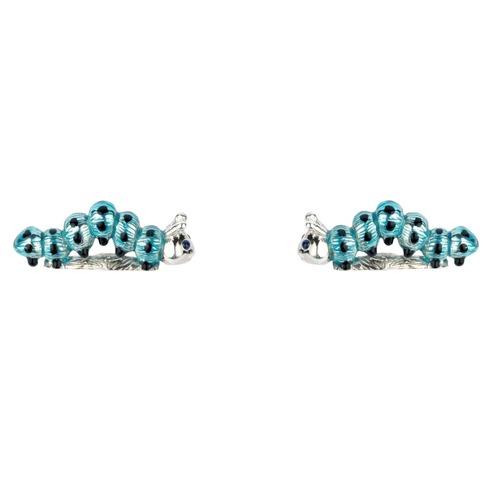 Sterling Silver Blue and Black Enamel Caterpillar Cufflinks