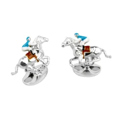 Sterling Silver Blue and Brown Horse and Jockey Cufflinks