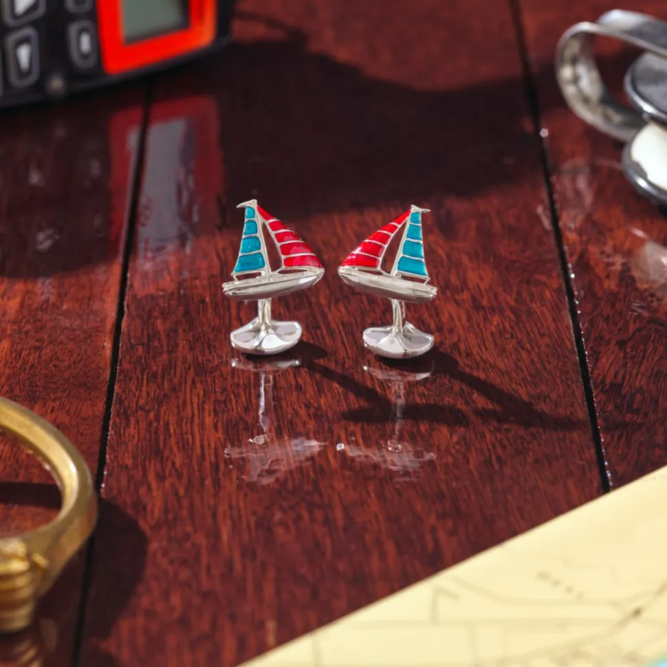 Sterling Silver Blue And Red Enamel Yacht Cufflinks