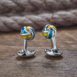 Sterling Silver Blue and Yellow Enamel Knot Cufflinks