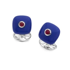 Sterling Silver Blue Enamel Bouton Cufflinks With Ruby Centre