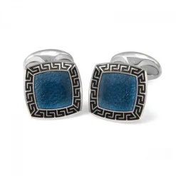 Sterling Silver Blue Enamel Cufflinks with Black Patterned Border