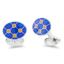 Sterling Silver Blue Enamel Cufflinks With Yellow Enamel Dot Design