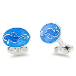 Sterling Silver Blue Enamel Seahorse Cufflinks