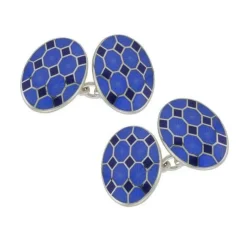 Sterling Silver Blue Patterned Enamel Chain Link Cufflinks