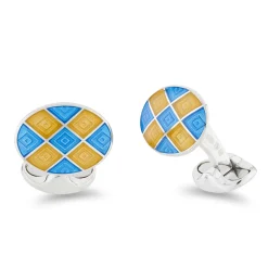 Sterling Silver Bright Yellow And Blue Enamel Chequer Pattern Cufflink