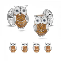 Sterling Silver Brown Owl Enamel Dress Stud Set