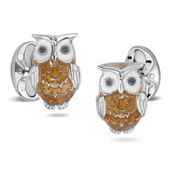 Sterling Silver Brown Owl Cufflinks with Sapphire Eyes