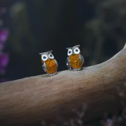 Sterling Silver Brown Owl Cufflinks with Sapphire Eyes
