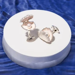 Sterling Silver Clam With Pearl Cufflinks