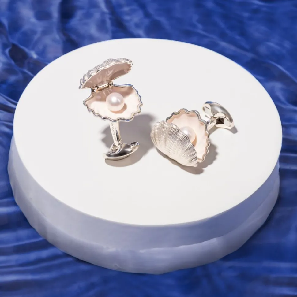 Sterling Silver Clam With Pearl Cufflinks