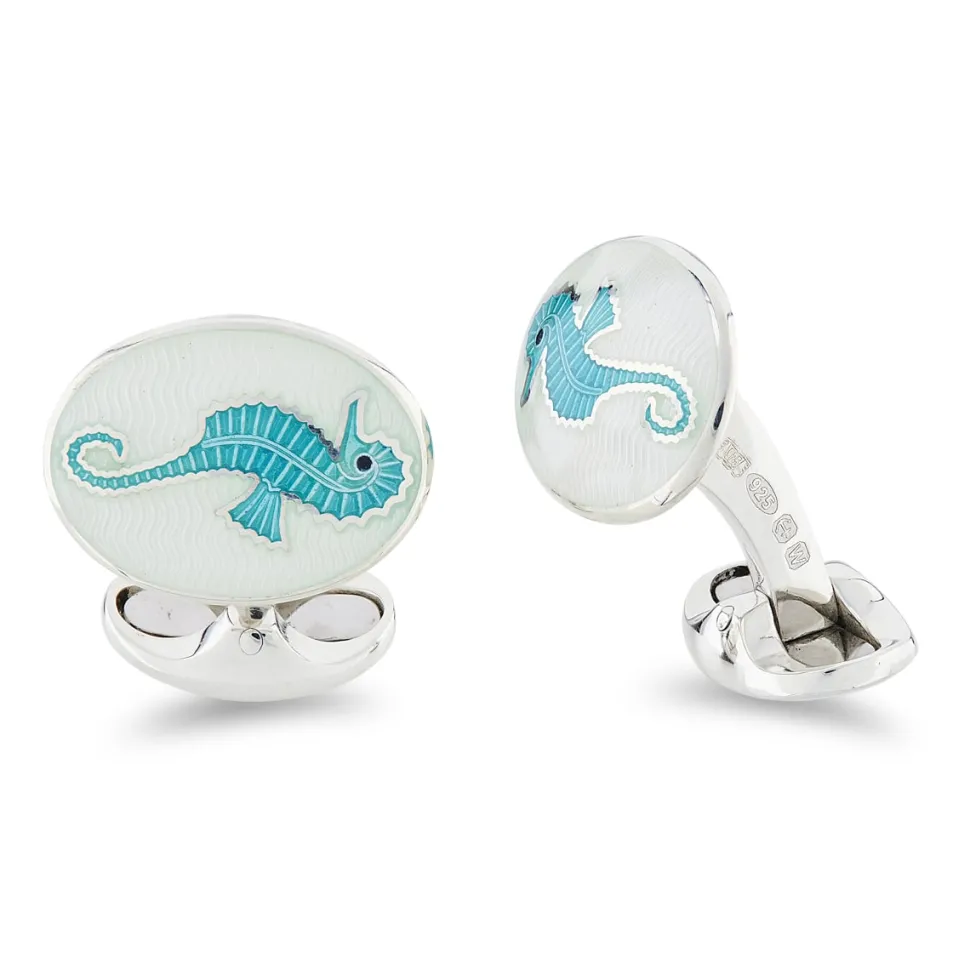 Sterling Silver Clear And Turquoise Enamel Seahorse Cufflinks