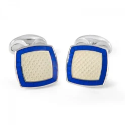 Sterling Silver Clear Enamel Cufflinks with Royal Blue Border