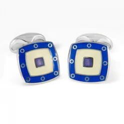 Sterling Silver Clear Enamel Cufflinks With Blue Spot Border