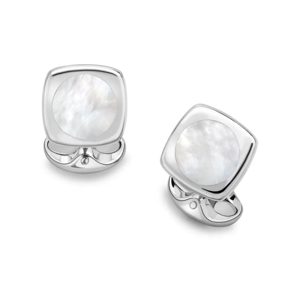 Sterling Silver Cushion Shape Cufflinks With Round Mother-of-Pearl Inl