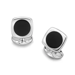 Sterling Silver Cushion Shape Cufflinks With Round Onyx Inlay