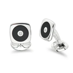 Sterling Silver Cushion Shape Cufflinks With Round Onyx And Diamond Ce