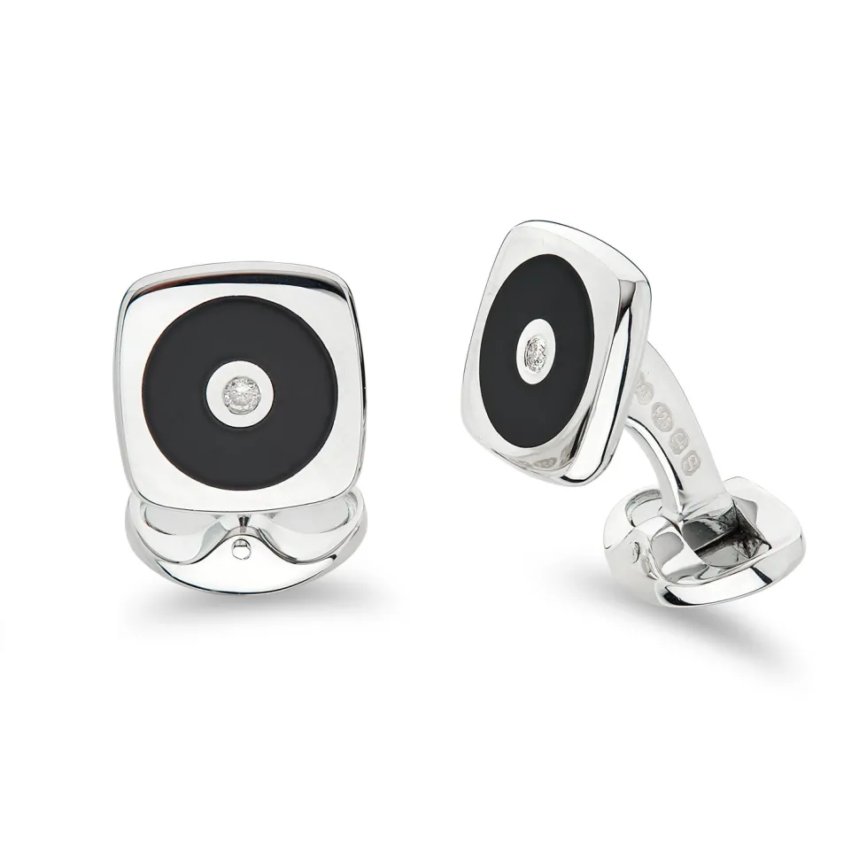 Sterling Silver Cushion Shape Cufflinks With Round Onyx And Diamond Ce