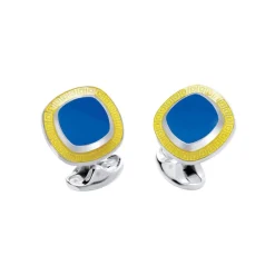 Sterling Silver Cushion Shape Blue Enamel Cufflinks With Yellow Enamel