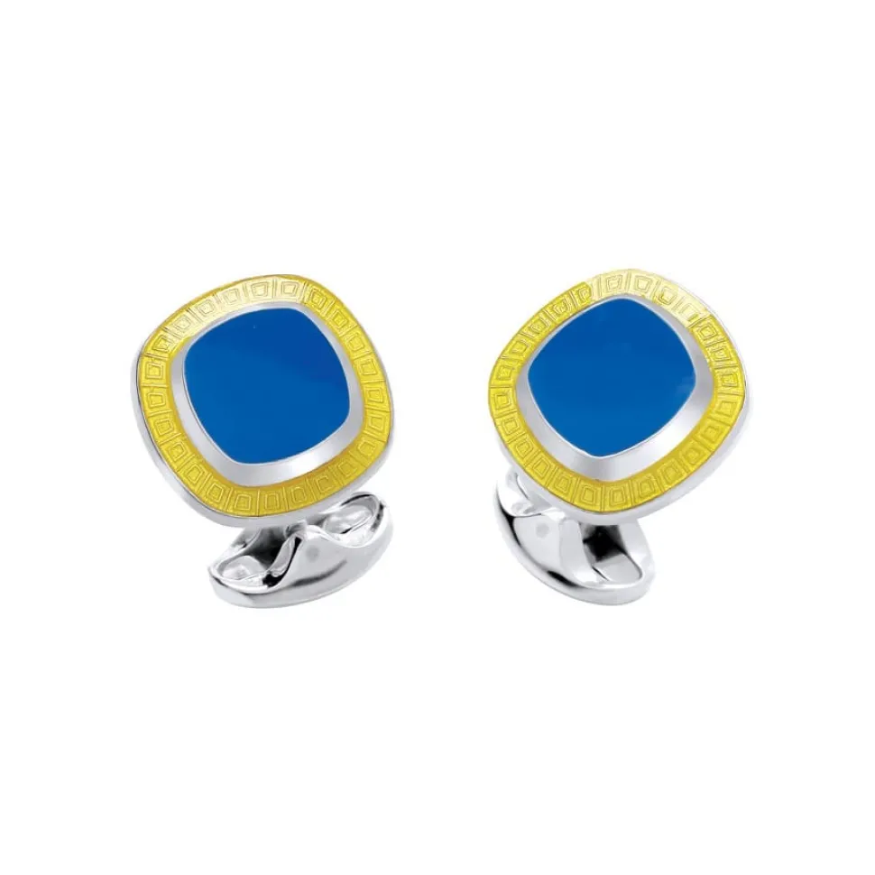 Sterling Silver Cushion Shape Blue Enamel Cufflinks With Yellow Enamel