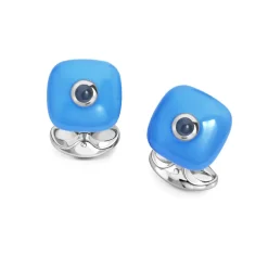 Sterling Silver Denim Blue Enamel Bouton Cufflinks With Sapphire Centr