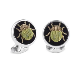 Sterling Silver Embroidered Green And Gold Bug Cufflinks