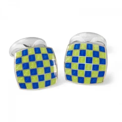 Sterling Silver Enamel Checkerboard Cufflinks in Green and Blue