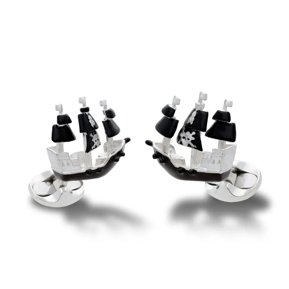 Sterling Silver Enamel Pirate Ship Cufflinks