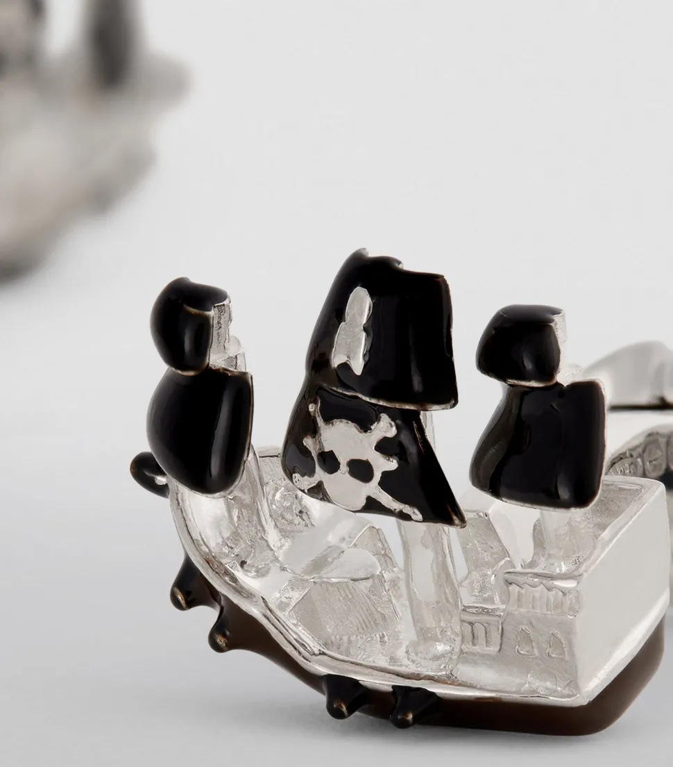 Sterling Silver Enamel Pirate Ship Cufflinks