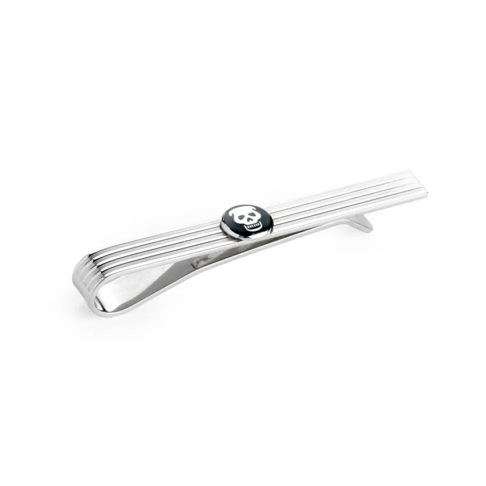 Sterling Silver Engine Turned Tie Slide with Enamel Skull