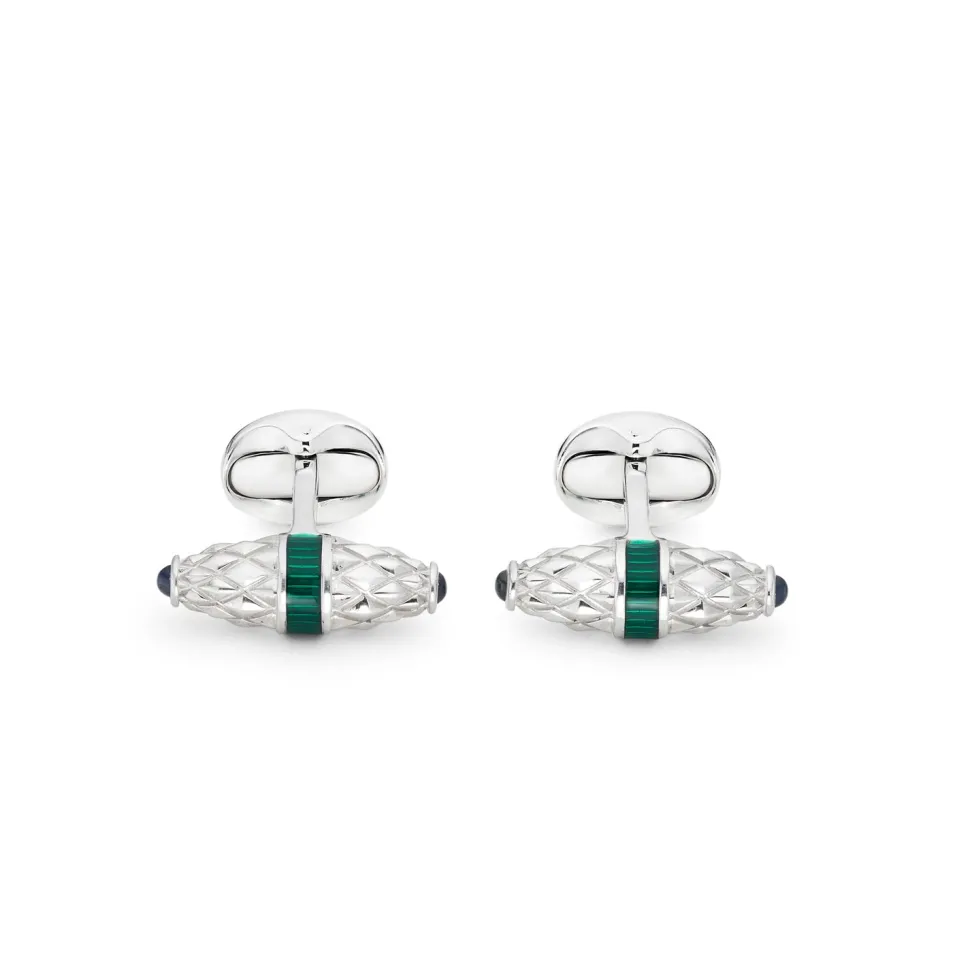 Sterling Silver Fancy Bar Cufflinks With Green Enamel Centre And Sapph